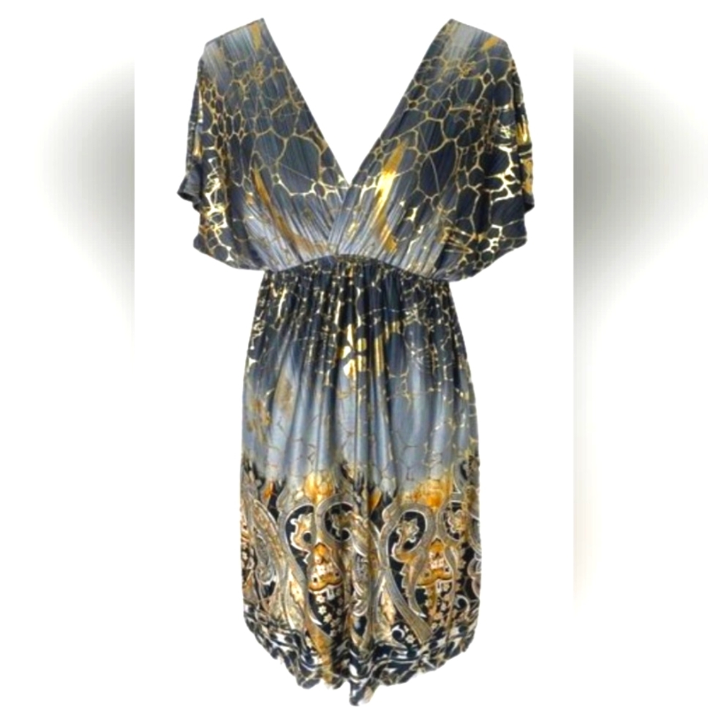 Shoreline Black Grey n Gold Accent Maxi Dress One Size Plus